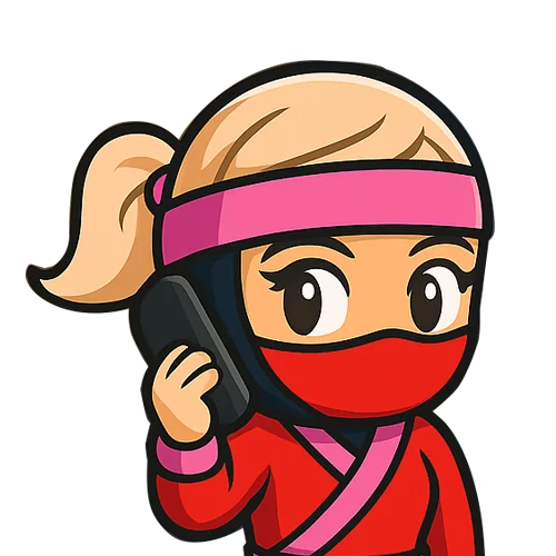 a girl ninja holding a phone calling ninjas r us to make a booking